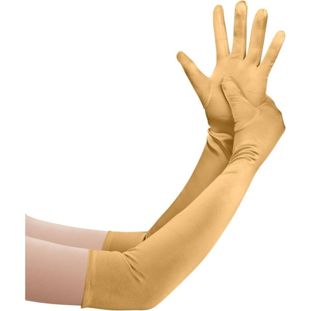 Women's Gold Long Satin Opera Fabric Gloves Party Tea Stretchy Elbow Length